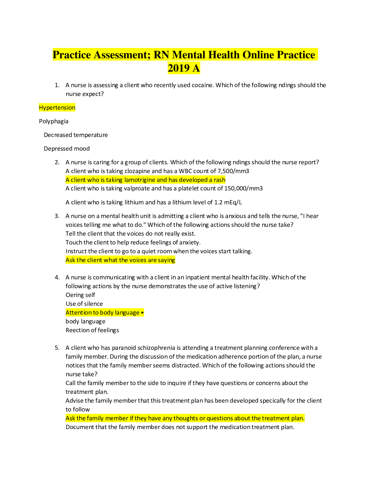 Practice Assessment; RN Mental Health Online Practice 2019 A & B, Answered